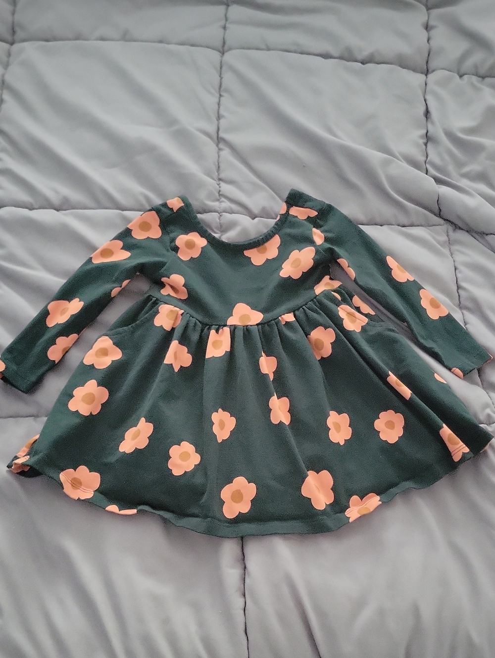 Quince Dark Green Long-Sleeve Dress with Peach Floral Print
